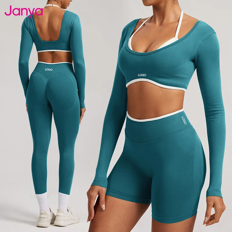 Janya Long Sleeve Sports Top High Waist Fitness Leggings 2 Piece Suit Breathable Women's Sets Color Blocking Seamless Yoga Set