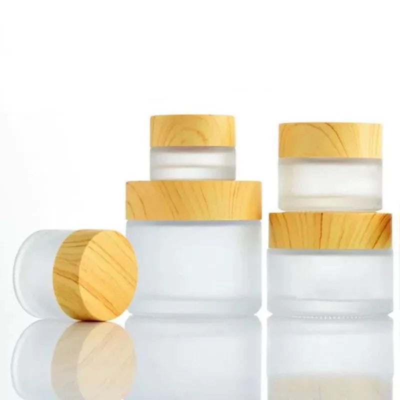 Frosted Glass Cosmetic Jar with Wooden Grain Lid and Screw Cap Silk Screen Printed Packaging for Skin Care Cream