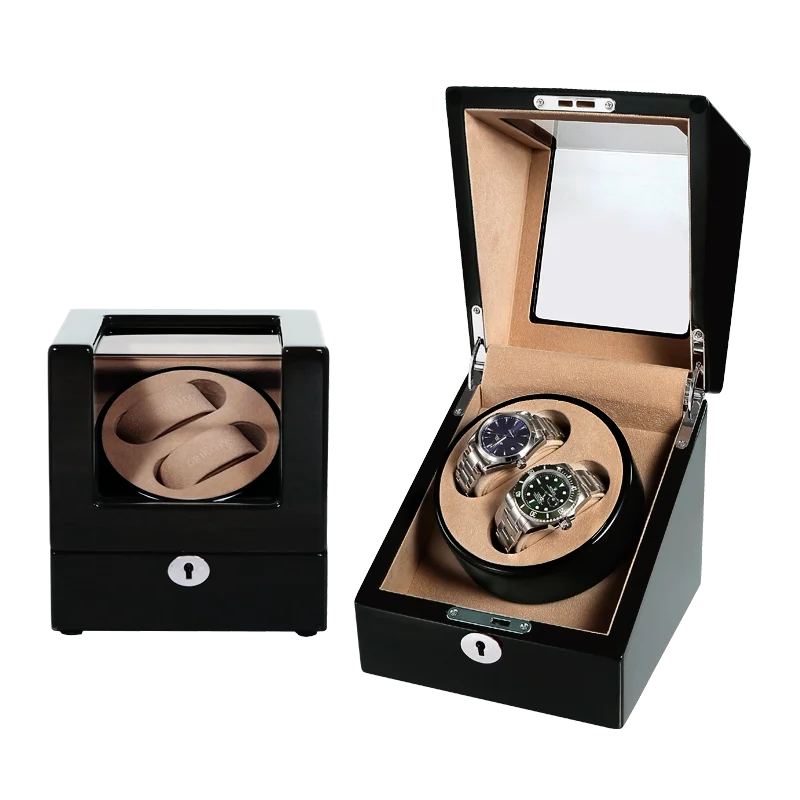 Automatic Rotating Wooden Luxury Watch Winder Box Gyro High Quality Custom Display Grain Drower Black 2 Slot Piano Lacquer