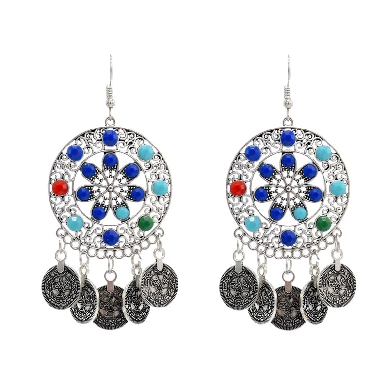 Vintage Bohemian Ethnic Carved Flower Turquoise Tassel Earrings Gypsy Party Jewelry Indian Mexican Earrings