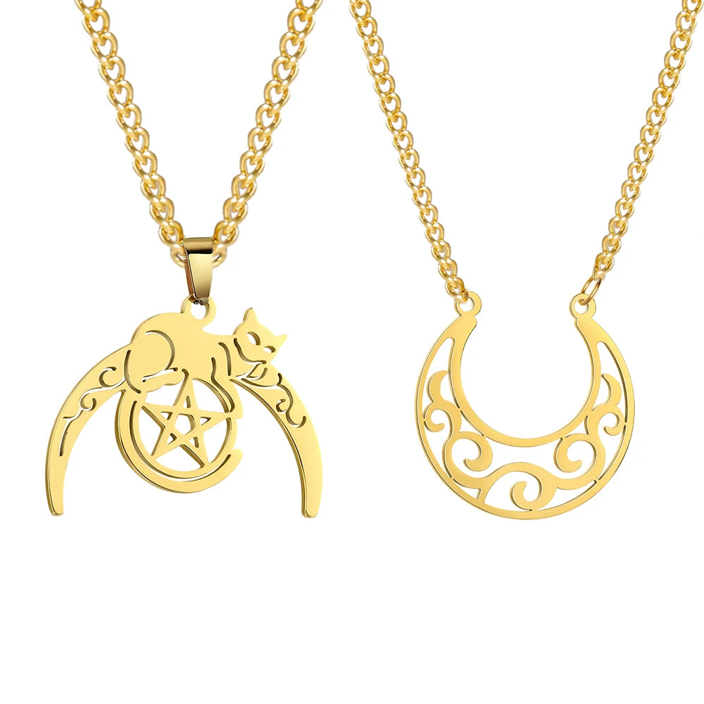 Myshape Witchcraft Moon Cat Wolf Pentagram Necklace Wiccan Crescent Moon Vintage Charm Necklace Stainless Steel Jewelry