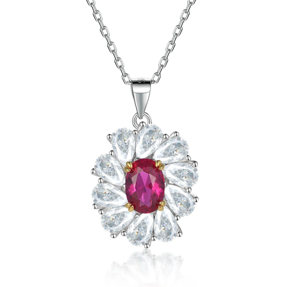 Women Fine Jewelry Pendant 925 Silver Sterling Oval Shape Red CZ Ruby Necklace