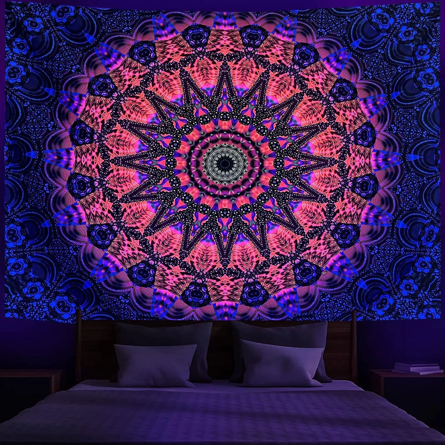 Custom UV Reactive Wall Tapestry Night Glowing Black Light Mandala Wall Hanging Decor Bohemian Hippie Room Aesthetic Decoration