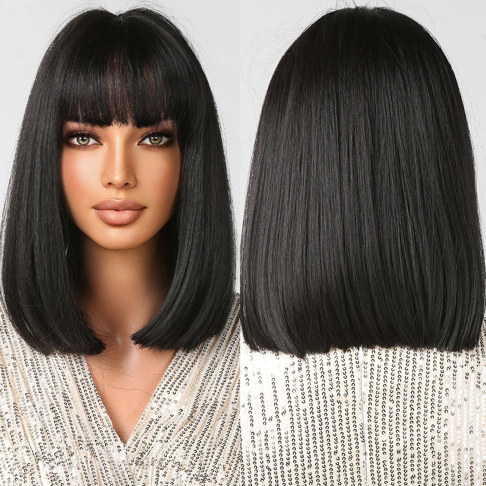 Factory Outlet Black Synthetic Wigs Dark Shoulder Length Straight Wigs with Bangs Short Wig for Women Natural