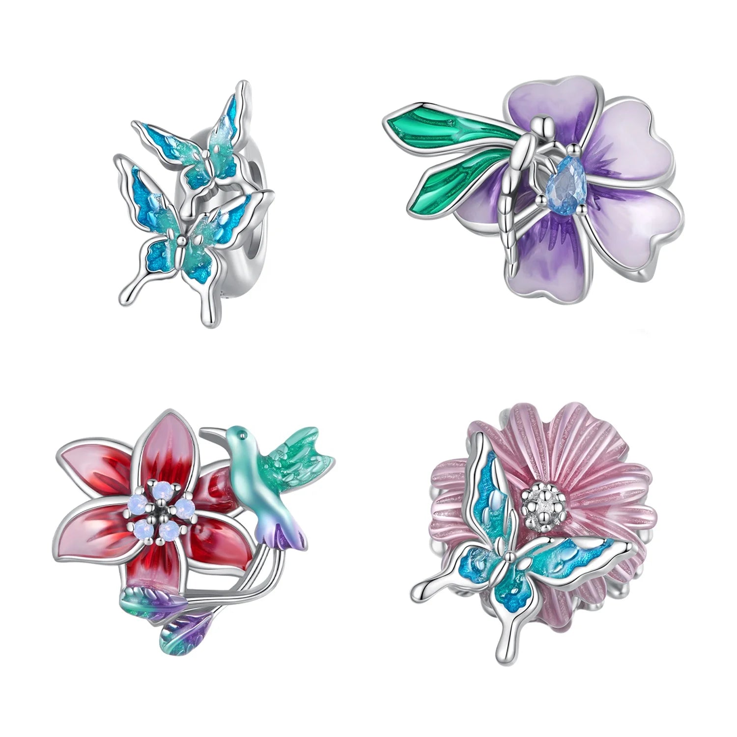 Factory HOT 925 Sterling Silver Spring Rainbow Flower Beads Colorful Butterfly Charms Safety Chain Fit Bracelet DIY Necklace