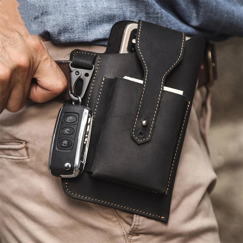 Vintage Genuine Leather Cell Phone Belt Bag Portable Loop Cell Phone Holster for Men