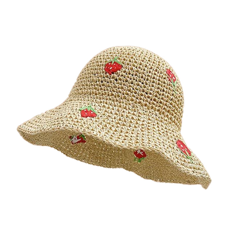 Women Sun Strawberry Woven Fisherman Hat Beach Bucket Breathable Handwoven Bucket Paper Straw Hat