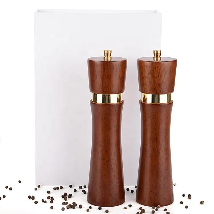Custom Design Brass Decorated Wooden Salt and Pepper Mill Grinder Set with Gift Box MegaBDM