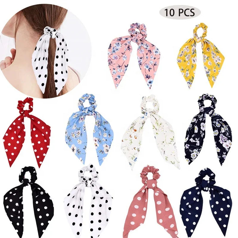 Fashion Elastic Hair Bands Ponytail Holder Bow Knot Scrunchy Printed Floral Hair Tie Women Flower Long Chiffon Scrunchies