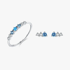Korean Fashion INS Pure 925 Sterling Silver Delicate Blue Zircon Earrings Ring Jewelry Sets for Women Girls
