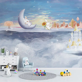 Children's Room Wall Covering Cute Rabbit Tv Background Wallpaper Living Room Sofa Wall Wallpaper Cartoon Moon Wall Covering