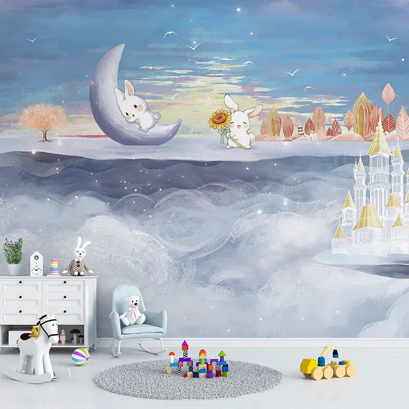Children's Room Wall Covering Cute Rabbit Tv Background Wallpaper Living Room Sofa Wall Wallpaper Cartoon Moon Wall Covering