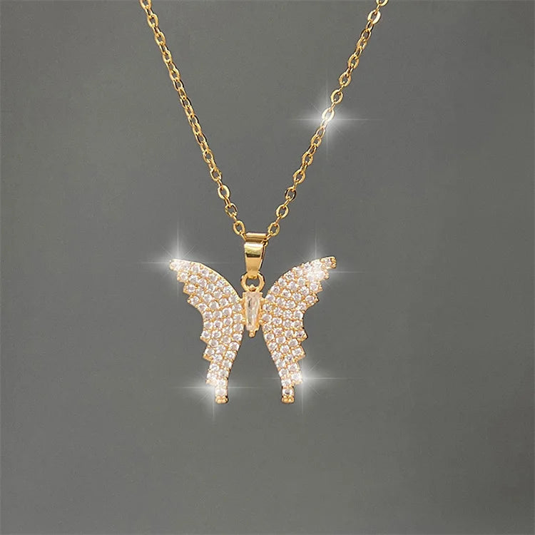 Wholesale Luxury Cute Stainless Steel Rose Gold Bling Zircon Rhinestone Butterfly Flower Pendant Necklace