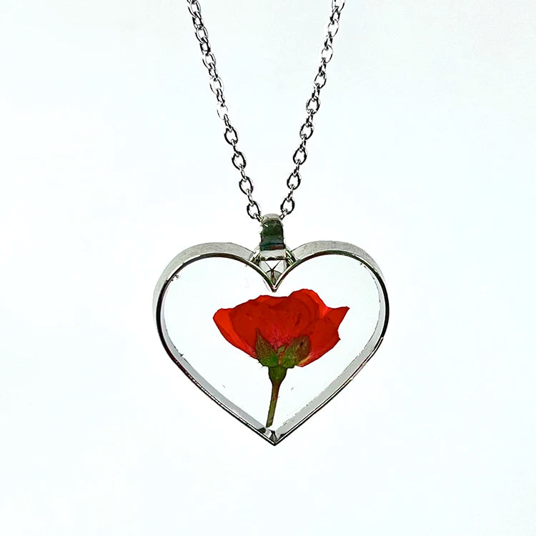 Resin Flower Jewelry Women Preserved Flower Pendant Heart Rose Resin Pendant Necklace for Mothers Day Gifts