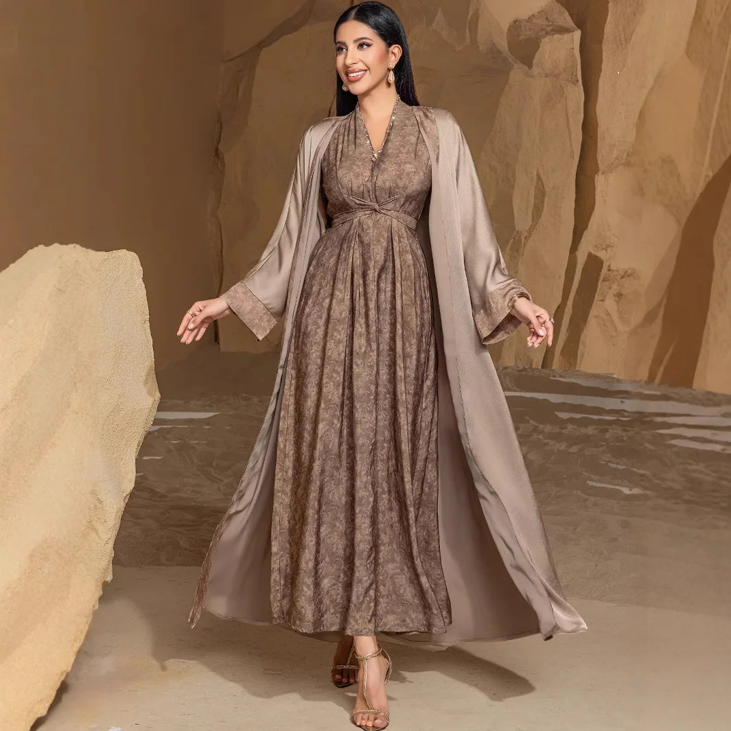 BA5031 Fashion Ramadan Robe Hand Diamond Satin Open Kaftan Two Piece Set Middle East Dubai
