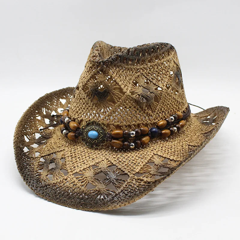 WoZhen Stained Classical Paper Caps Western Cowboy Beach Handmade Mexico Straw Sombrero Hat