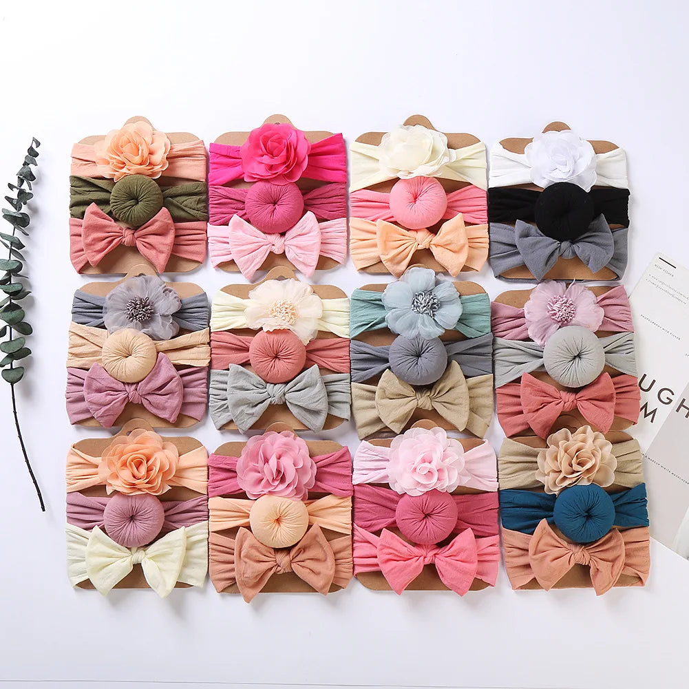 3PCS Per Set Mix Colors Organic Fashion Ball Bow Flower Girl Headbands Soft Cloth Elastic 22x14cm for Newborn Baby Girls
