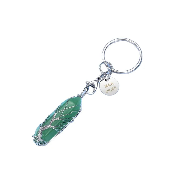 HZ Latest Green Aventurine Point Gemstone Pendant Zinc Alloy Crystal Stone Key Chain Stone Charm Pendants Keyrings