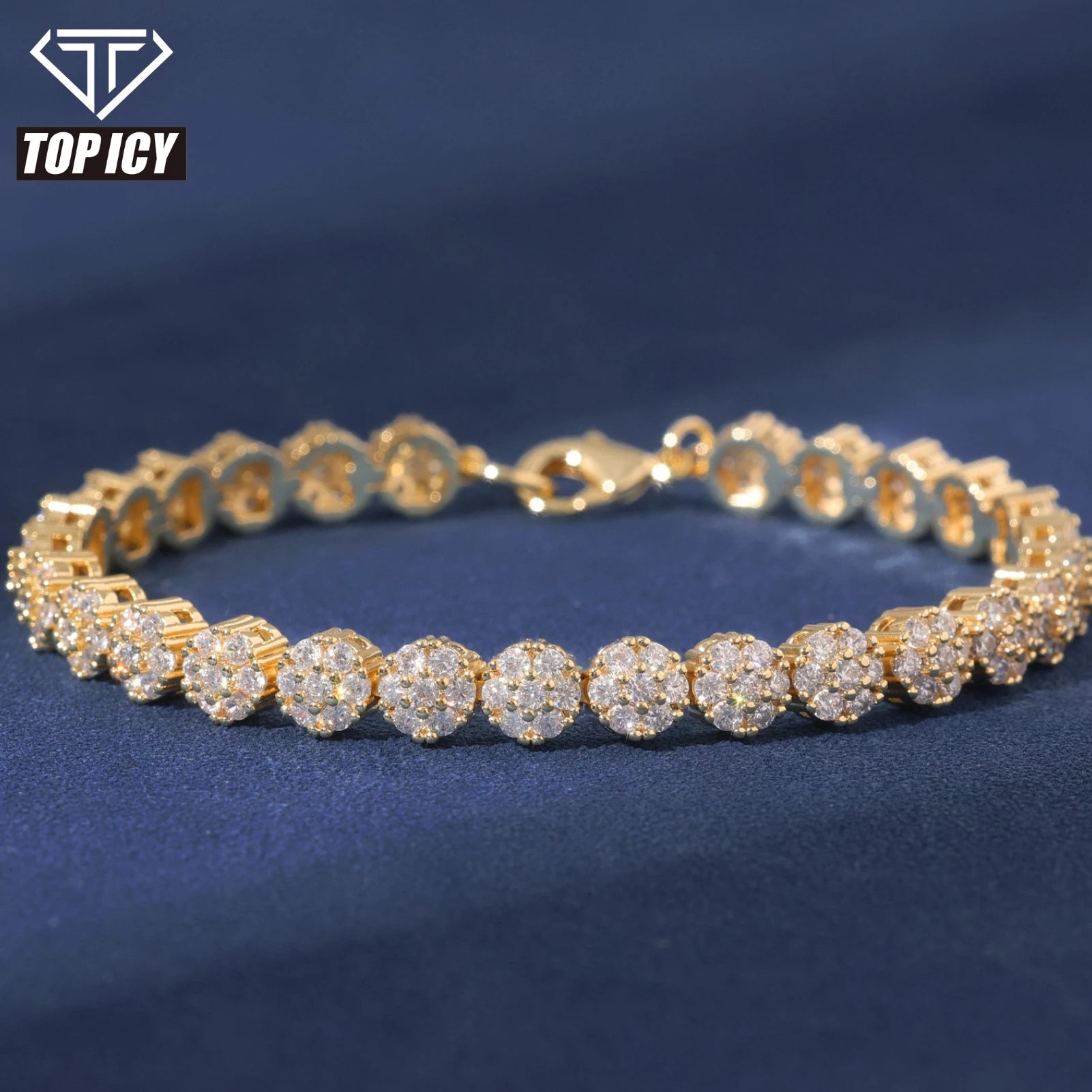 Bling Bling Jewelry Hot Sale 8mm Flower Shape 5A Cubic Zirconia Diamond Tennis Chain Brass With 18K Gold Plated Bracelet
