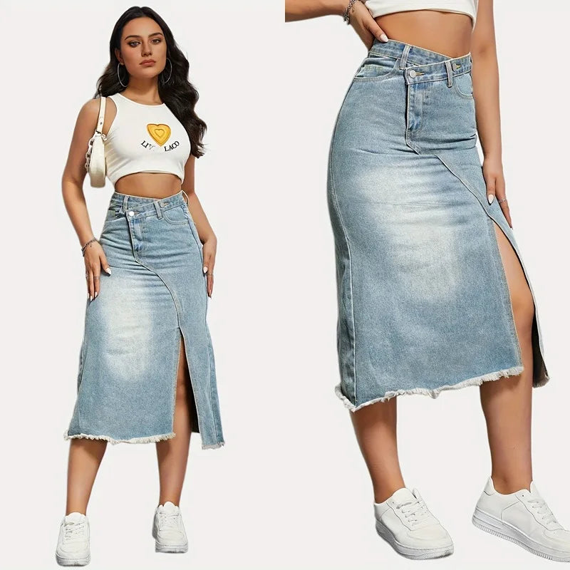 Autumn New American Retro Denim Skirt Women's Fashionable Split Stitching Mid-length Women's A- Line Skirt