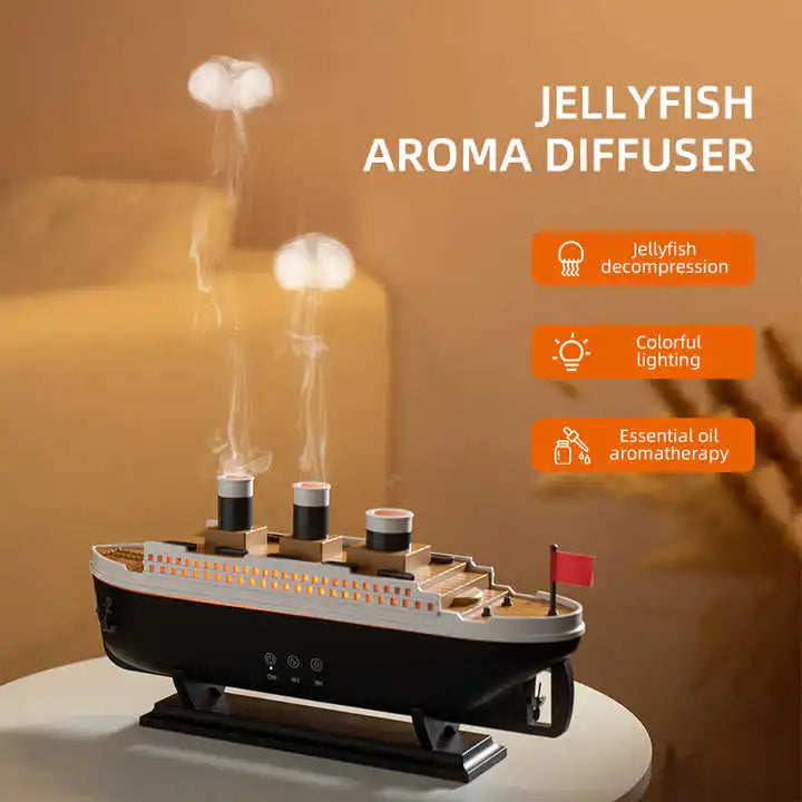 New Boat Jellyfish Mist Oil Humidifier Ultrasonic Ship Essential Oil Jellyfish Diffuser Electric Steamship Diffuser for Home