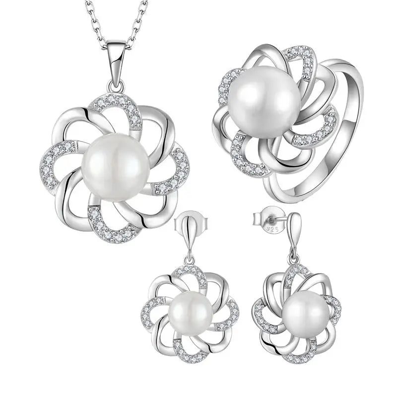 China Fashion Big Flower Party Gift 925 Sterling Silver Girls Jewelry Natural Round Mother of Pearl Set