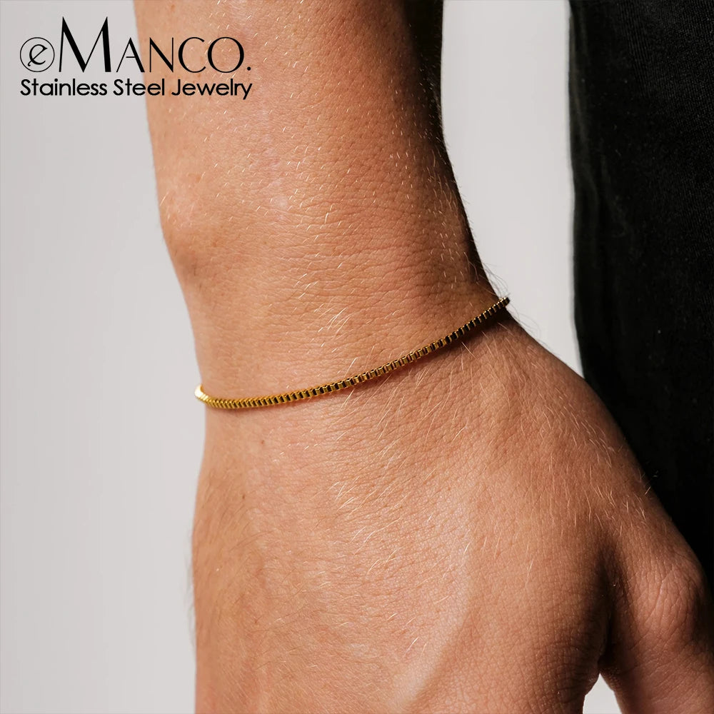 EManco Fashion Hip Hop Jewelry Men's 18K Gold PVD Stainless Steel Men Box Chain Link Bracelet Adjustable