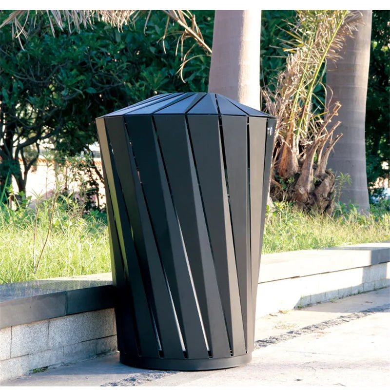 Design Outdoor Metal Slatted Trash Container Garbage Can Outside Garden Street Eco Recycle Waste Bin Creative Steel Dustbin
