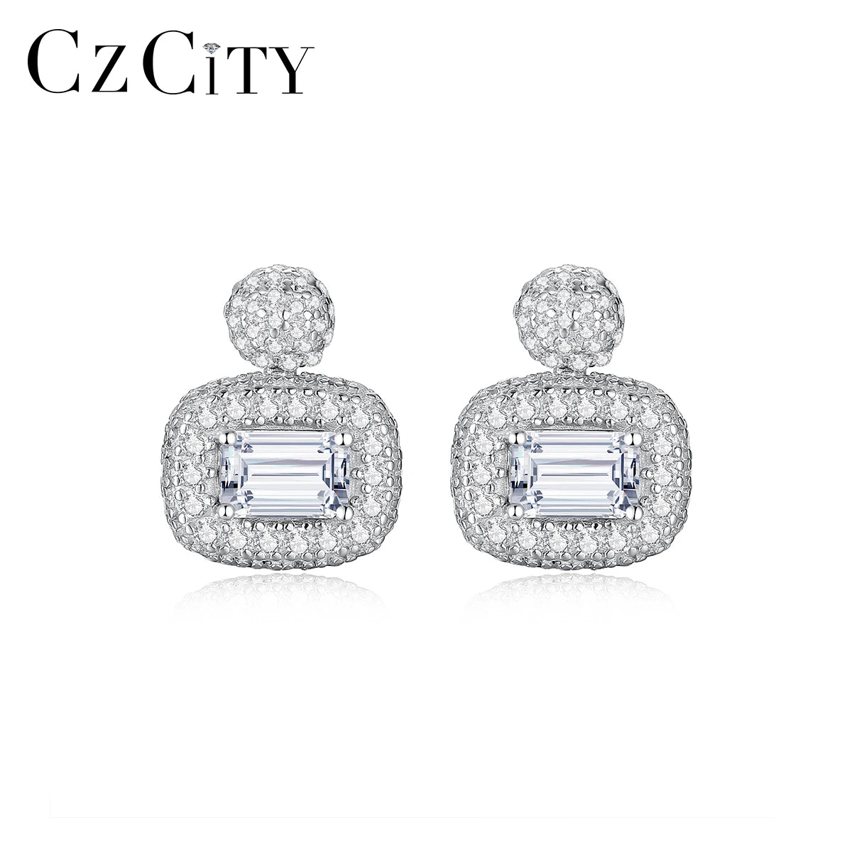 CZCITY Earing Emerald Cut Square Diamond Stud Hot Sale Minimalist VVS for Women Moissanite Def Earrings