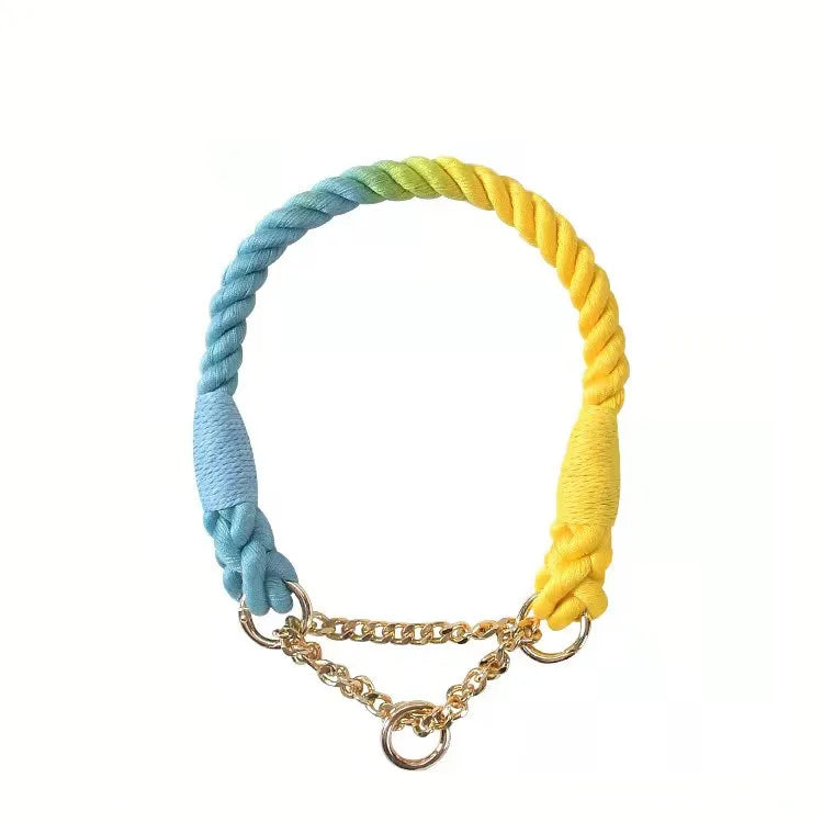 Luxury Design Adjustable Rope Cotton Pet Dog Collar Martingale Dog Collar with Metal Chain