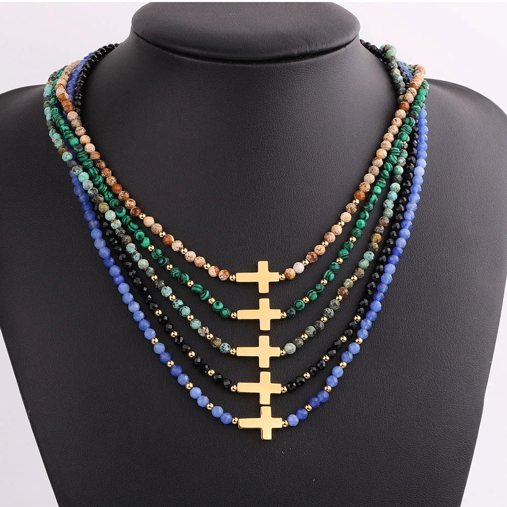 New Fashion Small Faceted 3mm Gemstone Stainless Steel Cross Charm Choker Necklace for Women