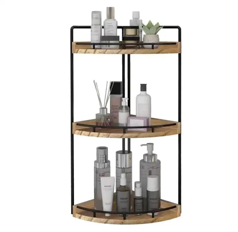 3-Tier Wood Metal Organizer for Bathroom and Kitchen Corner Shelf Storage for Bathroom Essentials Dresser Use
