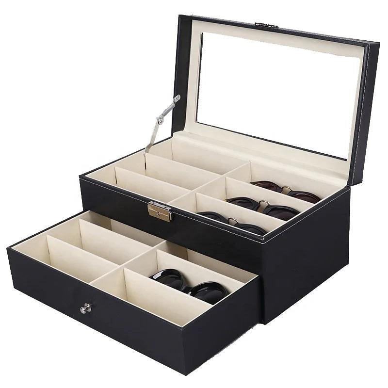 Double Storage Box Pu Leather Sunglasses Cases Custom logo 12 Pairs Buckle Drawer Waterproof Portable Eyeglasses Cases