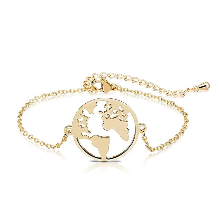HIGH QUALITY Non Tarnish 18K Gold Silver PVD Plated Stainless Steel Charm World Map Bracelet Jewelry for Women Ladies