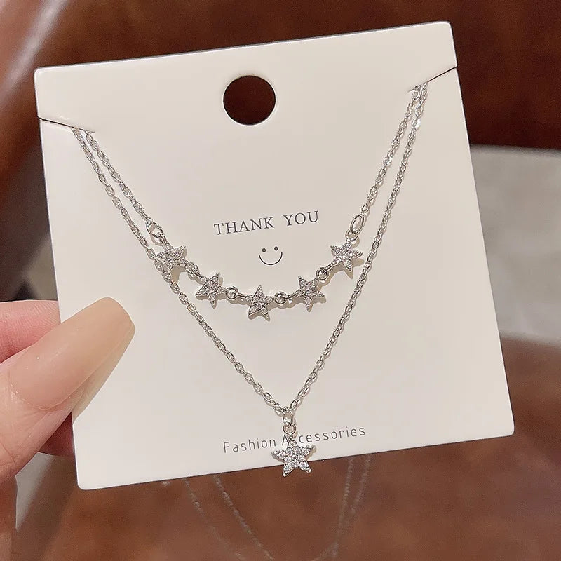 New Trendy Stainless Steel Multilayer Zircon Star Dangle Necklace for Girls