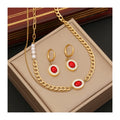 New Stainless Steel Jewelry Double Layered Ruby Necklace With Earring Women Red Zircon Pearl Pendant Necklace