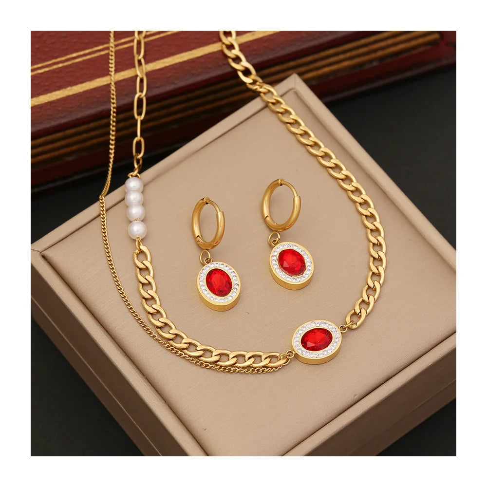 New Stainless Steel Jewelry Double Layered Ruby Necklace With Earring Women Red Zircon Pearl Pendant Necklace