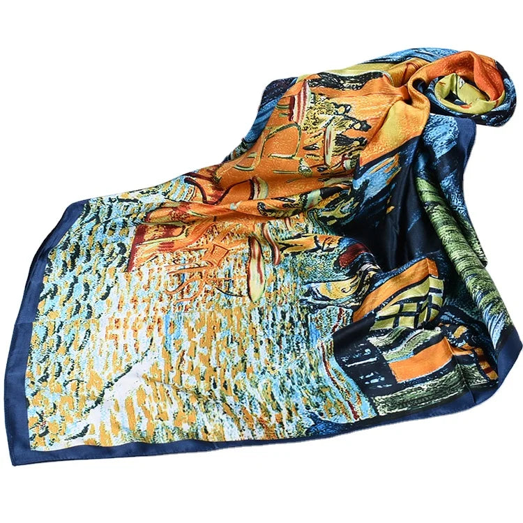 Eur-American New Headscarf for Women Satin Silk Van Gogh Scarf  90*90 Hijab Shawl Soft Feeling Female Daily Decoration