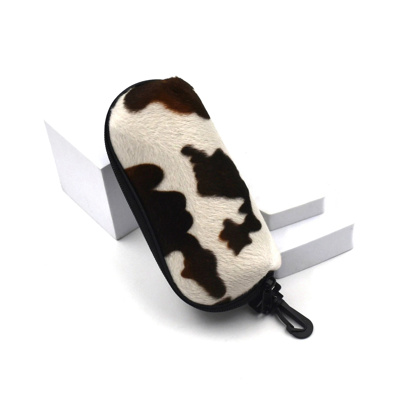 Brown Soft Velvet Pattern Printing Zipper Glasses Cases with Plastic Hook