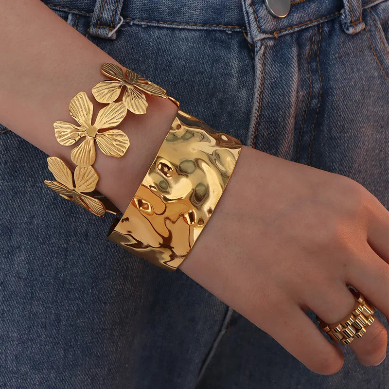 New Big Luxury Stainless Steel 18k Gold Plated Wide Pleated Irregular Bracelet Bangle Jewelry Chunky Cuff Bangles for Women