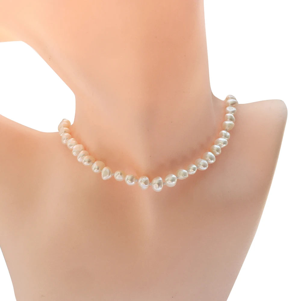 16 Inch+5 CM Choker Necklace 100% Natural Freshwater Pearl 6.MM  Baroque Beads Knotted durableclasp 18k GOLD PLATED