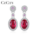 CZCITY Hot Earring 925 Sterling Silver Oval Cut Red Gemstone Drop Earring Luxury Wedding Jewelry Christmas Gift