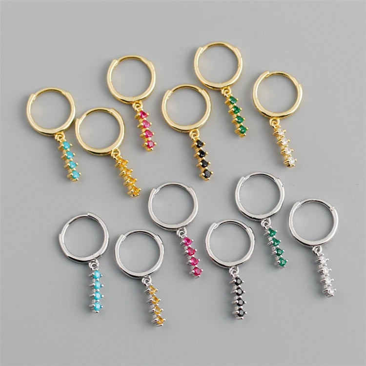 Fashion 925 Sterling Silver 18k Gold Plated Bar-shaped Pendant Colored Zircons Hoop Earrings