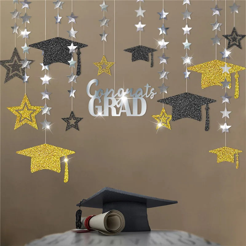Blue Graduation Party Decor Kit Shiny Congrats Grad Banner Star Hat Garland Streamer Backdrop Background for Home Classroom