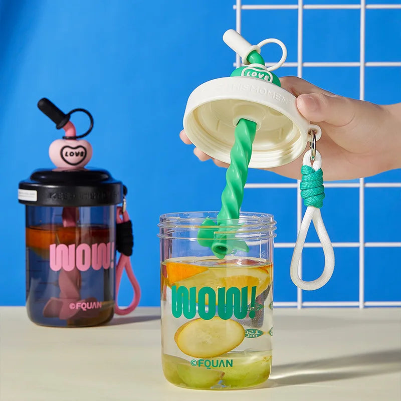 Large Capacity Plastic Sippy Cup White Collar Student Cute Cartoon Portable Mixing Cup for Coffee Protein Powder for Drinking