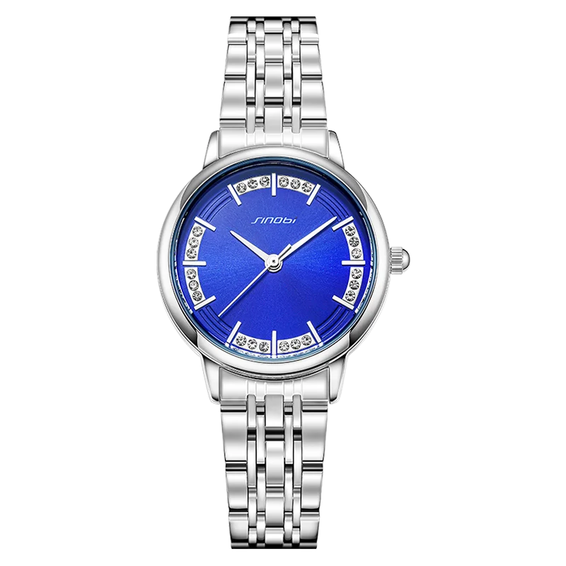 S9876L Luxury Business Fashion Ladies Watch Blue Dial Glass Pointer Stainless Steel Band 3 ATM Waterproof