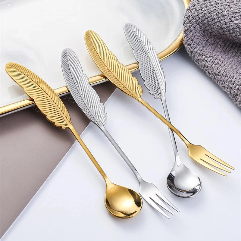Creative 304 Stainless Steel Spoon Feather Coffee Spoon Cake Dessert Spoon Fruit Fork