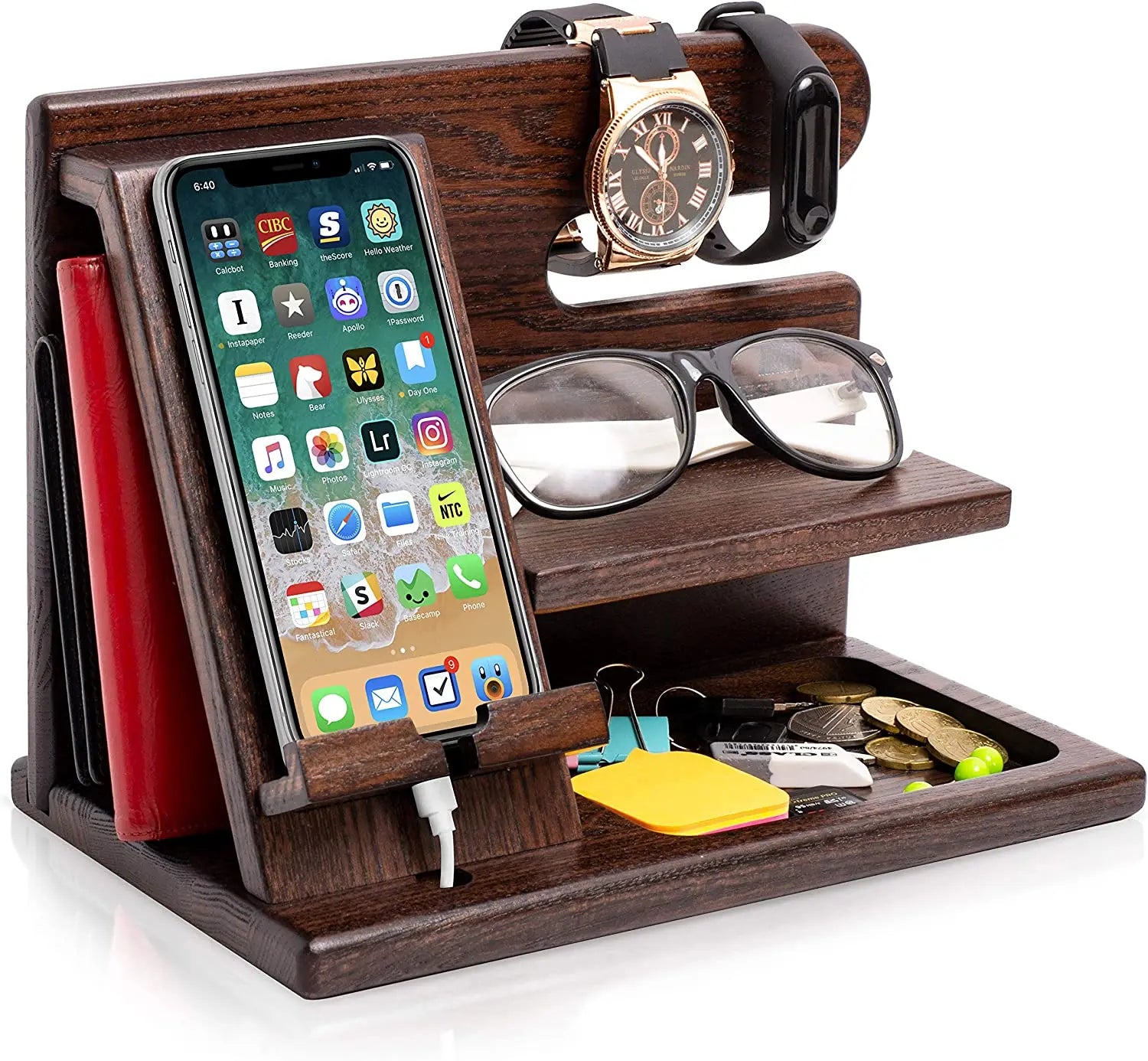 Wood Mobile Phone Docking Men's Nightstand Wallet Father Male Creative Gadgets Key Chain Wallet Holder Watch Storage Box