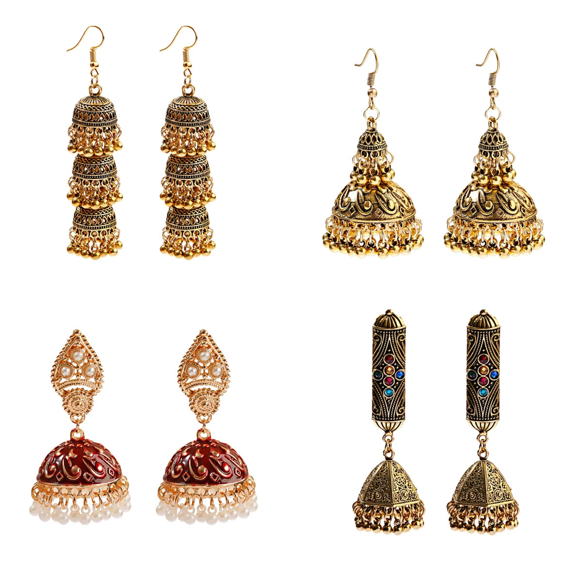Douvei Gold Plated Alloy Dangle Bells Pearl Bead Tassel Charm Bohemian Earrings Vintage Woman Stud Earrings
