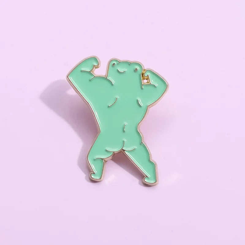 Wholesale  Green Fitness Muscles Cute Frog Custom Logo Brass Stamped Metal Hard Enamel Lapel Pin